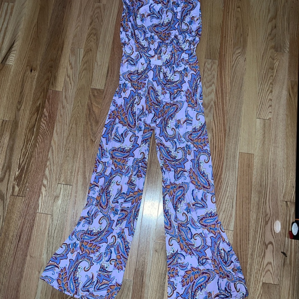 Veronica M Purple Paisley Strapless Jumpsuit